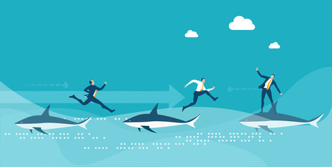 Business people hopping from one shark at other. Danger in business, taking a risk, swimming with sharks. Business concept illustration