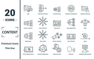 Content icon set. Include creative elements cms, content plan, digital content, viral marketing, media plan icons. Can be used for report, presentation, diagram, web design