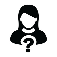 Enquiry icon vector question mark with female user person profile avatar symbol for help sign in a glyph pictogram illustration