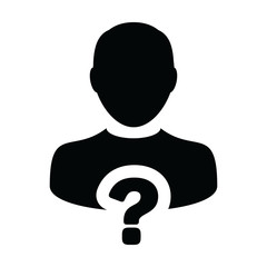 Fototapeta na wymiar Query icon vector question mark with male user person profile avatar symbol for help sign in a glyph pictogram illustration