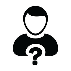 FAQ icon vector question mark with male user person profile avatar symbol for help sign in a glyph pictogram illustration