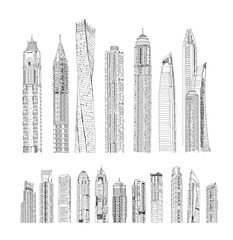 Set of skyscrapers. Modern architecture of Dubai. Sketch collection