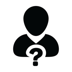 Fototapeta na wymiar Communication icon vector question mark with male user person profile avatar symbol for help sign in a glyph pictogram illustration