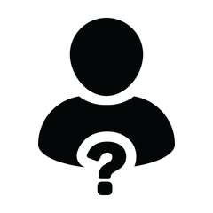 Fototapeta na wymiar Consultant icon vector question mark with male user person profile avatar symbol for help sign in a glyph pictogram illustration