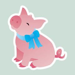 Sticker of Pig Wears A Blue Tie, Cute Funny Character, Flat Design