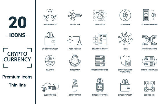 Crypto Currency Icon Set. Include Creative Elements Decentralized, Encrypted, Ethereum Wallet, Node, Halving Icons. Can Be Used For Report, Presentation, Diagram, Web Design