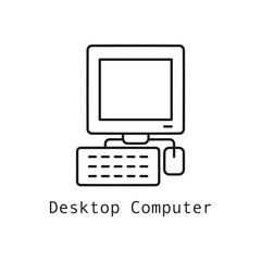 Desktop computer icon. Outline thin line flat illustration isolated on white background. 