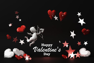 Valentine's day concept background with red and pink hearts star rose with white square frame and love decoration 3d rendering