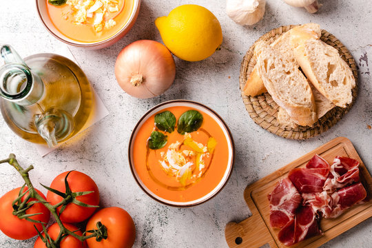 Salmorejo Soup With Ham And Eggs In A Bowl. Top view
