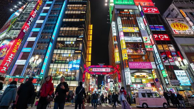 shinjuku, Tokyo, Japan- February 6, 2019: 4K time lapse video of Kabukicho night life street very famous shopping center city street and the entertainment district in Japan.
