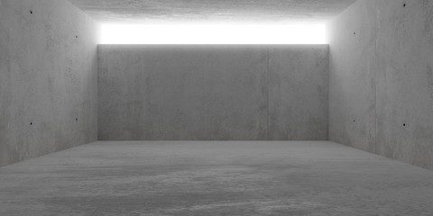 Abstract empty, modern concrete room with lighting from ceiling opening in back wall - industrial interior background template, 3D illustration