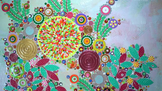 Summer festive or Midsummer, solstice contemporary artwork painting drapery. Floral pattern sliding view made of green leaves, branches, color flowers. Top view flat lay of Valentine's background.