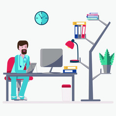 Vector illustration. The doctor works on the tablet, in the office. The concept of health and modern technology in the form of online medical consultations. For web banner, infographic.