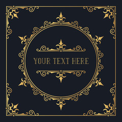 Hand drawn golden elegant squared frame with ornate borders and corners. Gold classic wedding invitation template. Vector isolated Victorian pattern.