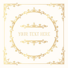 Hand drawn golden elegant squared frame with ornate gold borders and corners.  Vector isolated Victorian pattern. Classic wedding invitation template.