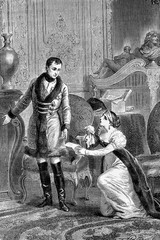 Napoleon granting the Princess Hatzfeld her husband forgineness. 8th November 1806, Antique illustration. 1890.