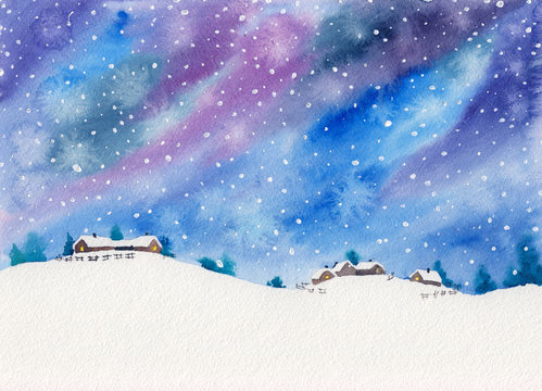 Colorful vibrant winter landscape. Hand drawing stock watercolor illustration for Christmas/New Year cards, decoration, meditation, design, mindfulness. Fairy peaceful countryside scene.
