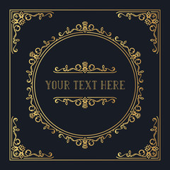 Hand drawn golden Victorian squared frame with royal borders and corners. Gold classic wedding invitation template. Vector isolated elegant ornate design.