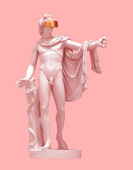 3D Model Apollo With Golden Virtual Reality Glasses On Pink Background. Concept Of Art And Virtual Reality.