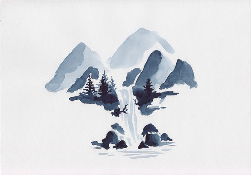 Stock watercolor waterfall illustration. Isolated mountains scenery with waterfall and pine trees. Can be used as isolated element or as background drawing for relaxation, meditation & restoration. 