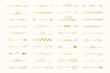 Collection of hand drawn golden text dividers. Calligraphic lines, vintage gold borders and wedding card breaks. Vector isolated flourish ink elements.