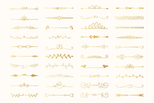 Collection of hand drawn golden text dividers. Calligraphic lines, vintage gold borders and wedding card breaks. Vector isolated flourish ink elements.