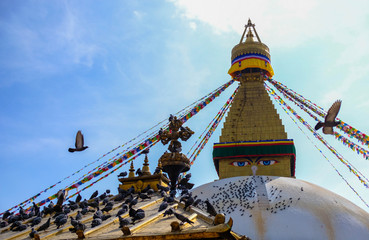 The Wisdom eyes on Boudhanath stupa landmark of Kathmandu, Nepal. 05 January 2020