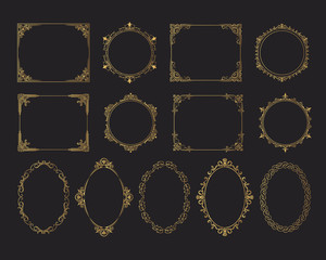 Hand drawn golden set of vintage wedding oval, round and squared frames. Vector isolated gold royal victorian borders. 