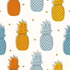 Fotobehang Ananas Kleurrijk naadloos patroon met hand getrokken ananassen. Vector geïsoleerde tropische textuur voor textiel.
