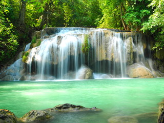 Waterfalls at Erawan Waterfall in National Park Kanchanaburi, Thailand
