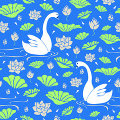 Seamless vector pattern with swans and lotus flower on blue background. Simple bird swimming wallpaper design.