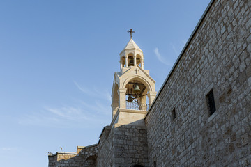 The main bell tower rises on the roof of the Church of Nativity in Bethlehem in Palestine