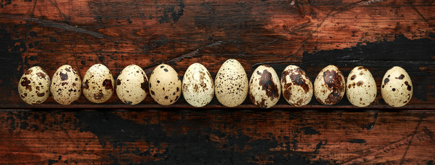 row of Quail eggs on wooden background. Top view