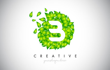 B Green Leaf Logo Design Eco Logo With Multiple Leafs Blowing in the Wind Icon Vector.