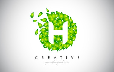 H Green Leaf Logo Design Eco Logo With Multiple Leafs Blowing in the Wind Icon Vector.