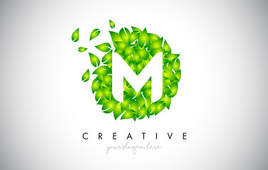 M Green Leaf Logo Design Eco Logo With Multiple Leafs Blowing in the Wind Icon Vector.