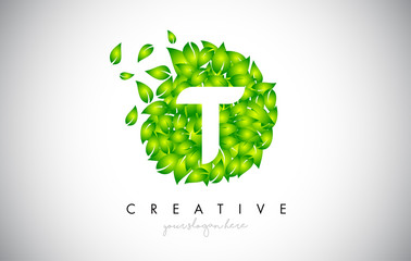 T Green Leaf Logo Design Eco Logo With Multiple Leafs Blowing in the Wind Icon Vector.