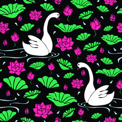 Seamless vector pattern with swans and lotus flower on black background. Simple floral wallpaper design with birds.