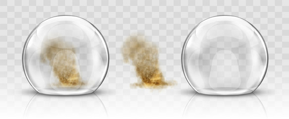 Glass dome or sphere and sandstorm realistic vector. Glass round dome, empty crystal globe and dust, storage container or product presentation case with reflection, illustration isolated on background