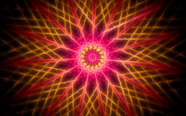 fantastic abstract symmetrical flower with petals consisting of a variety of geometric shapes of different colors on a black background