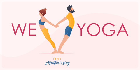 Happy Valentine’s day  banner with couple yoga poses. Year of good health. Landing page design templates for Valentine’s day decoration in partner yoga concept. Vector illustration.