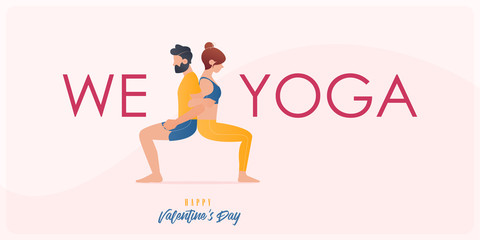 Happy Valentine’s day  banner with couple yoga poses. Year of good health. Landing page design templates for Valentine’s day decoration in partner yoga concept. Vector illustration.