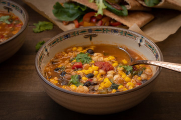 Italian vegan minestrone and vegetable filled pita bread