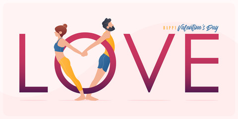 Happy Valentine’s day  banner with couple yoga poses. Year of good health. Landing page design templates for Valentine’s day decoration in partner yoga concept. Vector illustration.