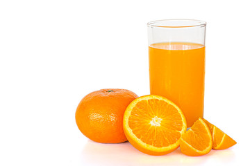 glass of juice and fresh orange isolated on white