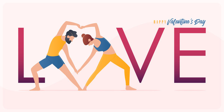Happy Valentine’s day  banner with couple yoga poses. Year of good health. Landing page design templates for Valentine’s day decoration in partner yoga concept. Vector illustration.