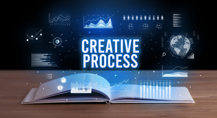 CREATIVE PROCESS inscription coming out from an open book, creative business concept