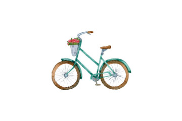 Cute watercolor vintage turquoise retro bicycle with a basket of pink roses flowers  drawn  in profile isolated on white background