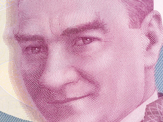 Mustafa Kemal Ataturk on Turkish 200 lira macro. Kemal Ataturk face close up.