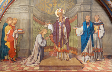 PRAGUE, CZECH REPUBLIC - OCTOBER 17, 2018: The fresco of baptism of Czech prince Bořivoj in the...